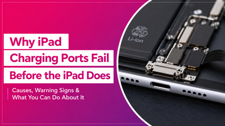 Close-up of an iPad charging port and internal components illustrating why iPad charging ports fail before the device itself.