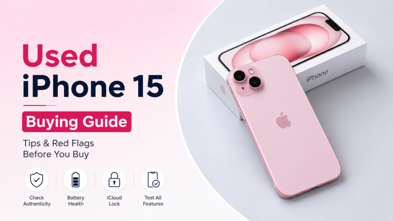 Used iPhone 15 inspection checklist showing key things to check before buying a pre-owned iPhone in India